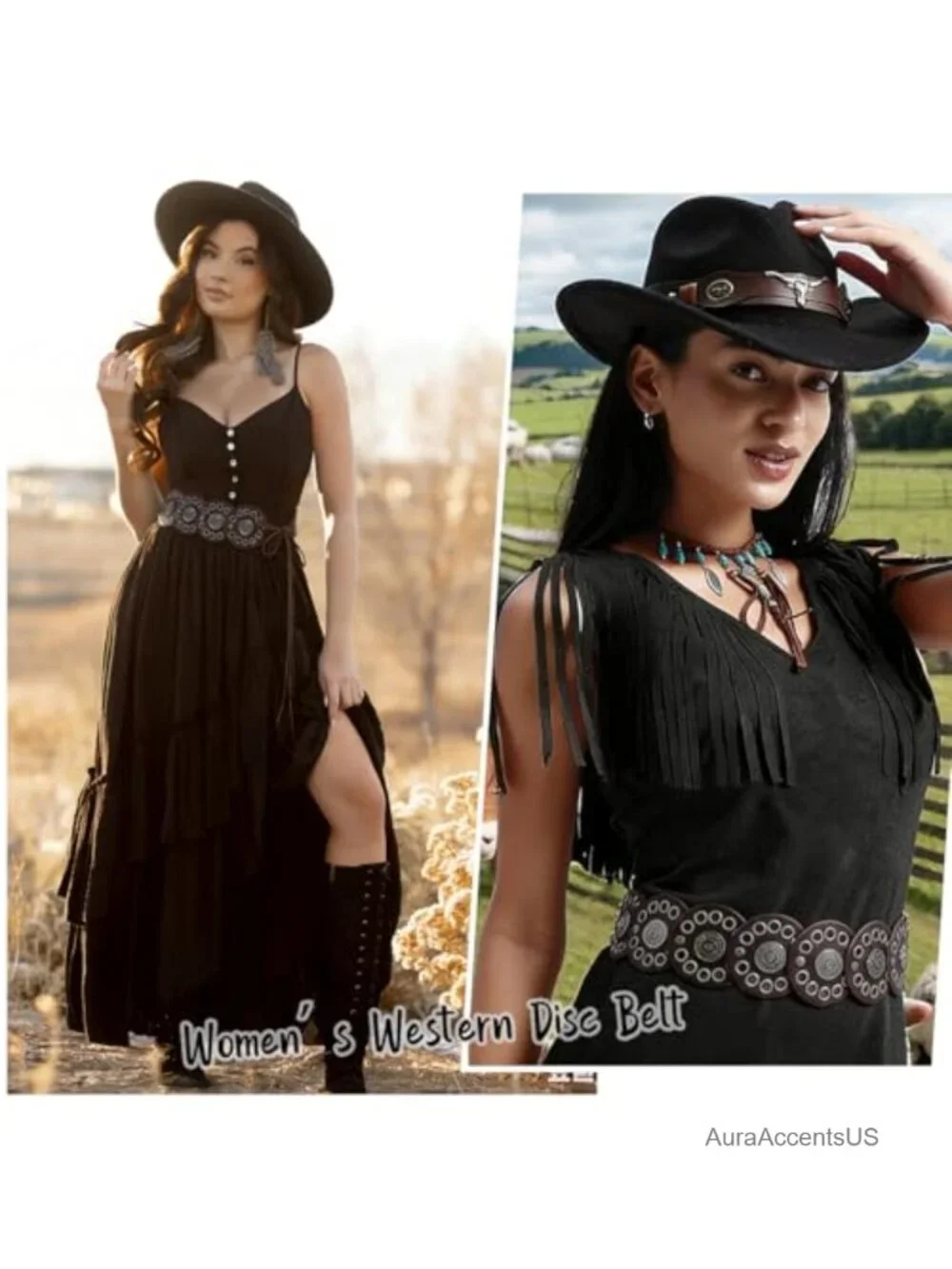 Women Western Disc Belt Boho PU Leather Concho Tie Waist Belt